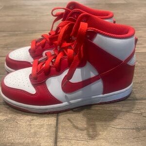 Kids size 2Y high top red & Nike white dunks. Selling as is, worn one time.